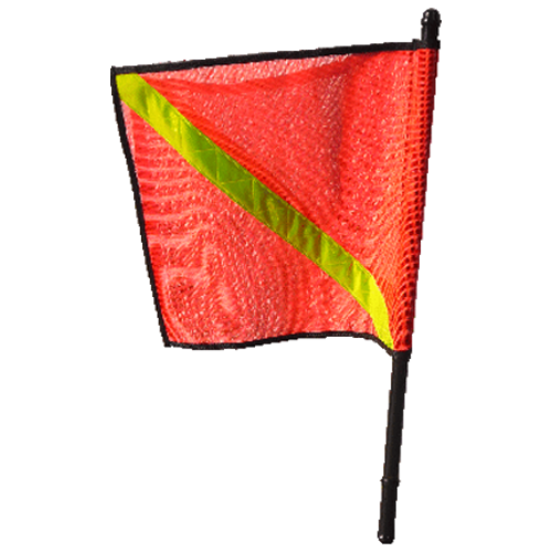 Banderola de dos caras fabricada en malla spot 100% poliester, material lavable, ribete de polipropileno color negro de 1", color naranja con mango negro de PVC.
