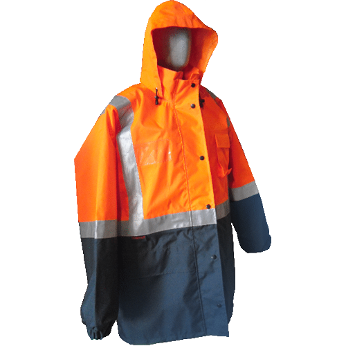 Gabardina bicolor impermeable, fabricada en loneta rigida de nylon repelente al agua, forro tafeta de alta calidad, tiras de alto poder reflejante en mangas y dorso tipo tirante,