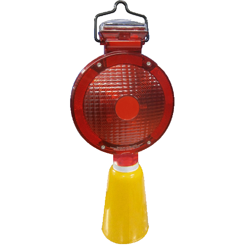 Lampara solar de destello de base cónica, cuenta con interruptor de encendido y apagado, color ámbar, circulo reflejante para mejorar su visibilidad a gran distancia