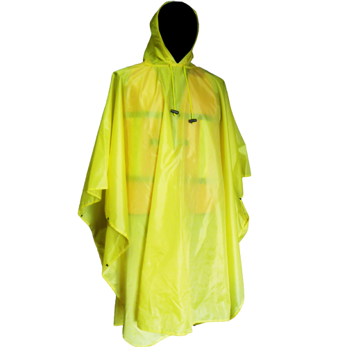 Capa / Manga impermeable de PVC, confeccionada en una sola pieza, con capucha integrada, broches plásticos para cierre hermético