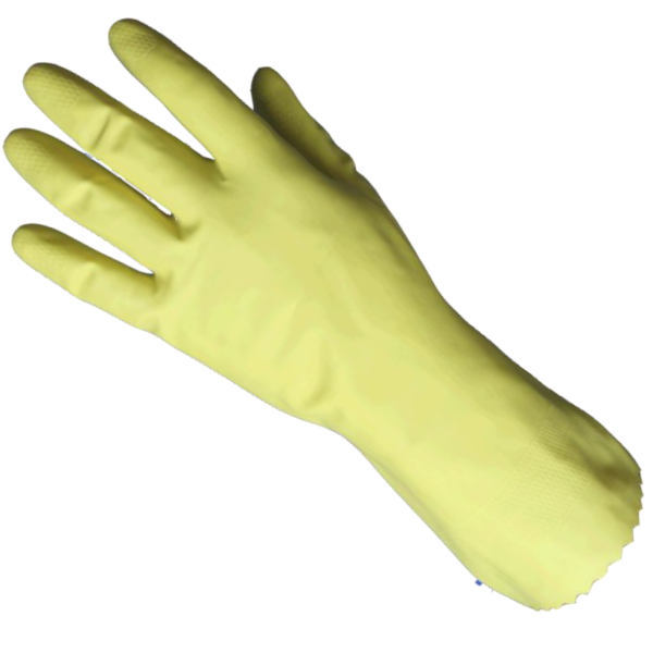 Guante fabricado en hule 100% latex con interior de respaldo de algodón (flock linned), puño recto, tiene 15 mm de espesor, ideal para uso doméstico.