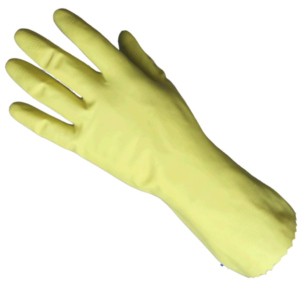 Guante fabricado en hule 100% latex con interior de respaldo de algodón (flock linned), puño recto, tiene 15 mm de espesor, ideal para uso doméstico.