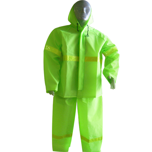 Impermeable de PVC de dos piezas, saco con capucha integrada, con una tira de reflejante de alto poder de 2" en pecho, espalda, brazos y piernas